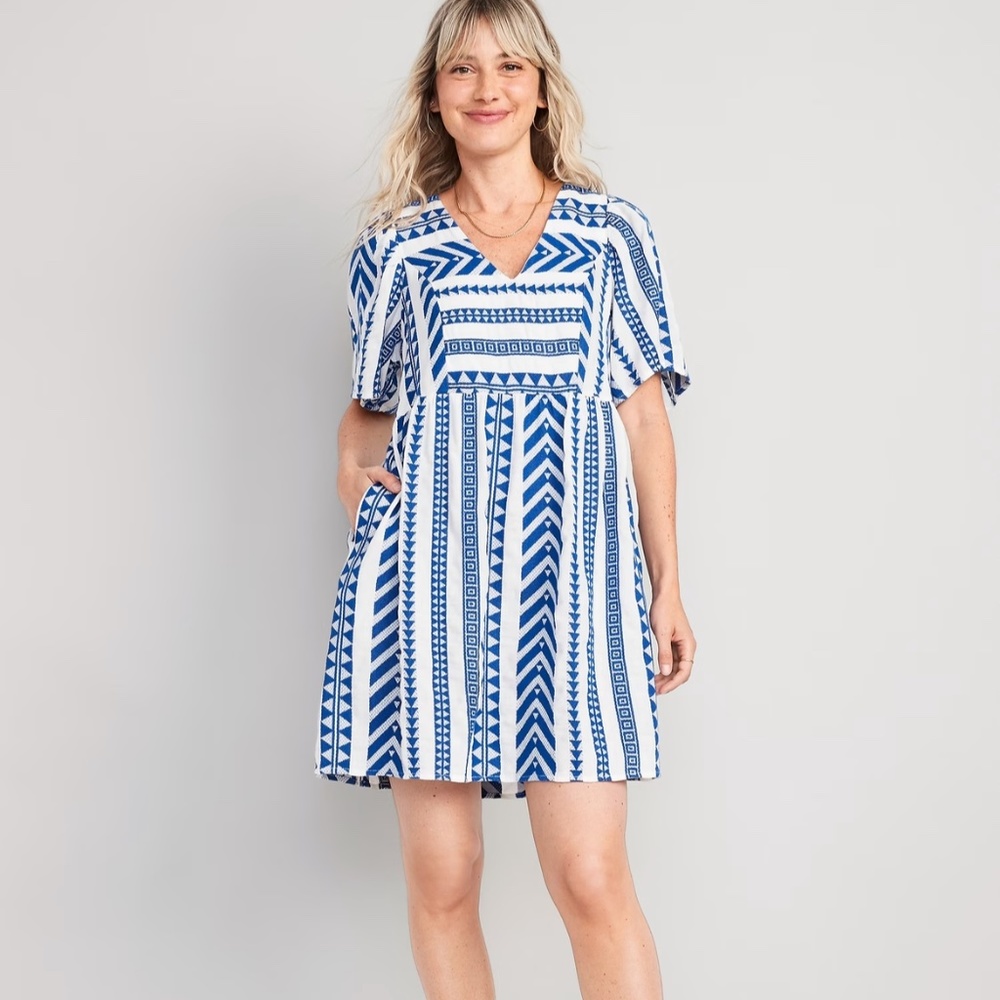 NWT Old Navy Flutter-Sleeve V-Neck Jacquard Mini Swing Dress in Tanzanite Blue